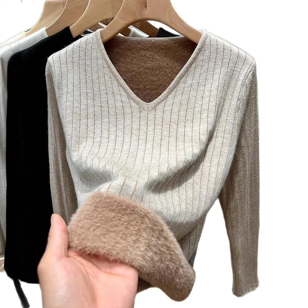 Fluffy V-neck long sleeve t-shirt sweater for women in khaki colour, soft viscose fabric pullover casual top