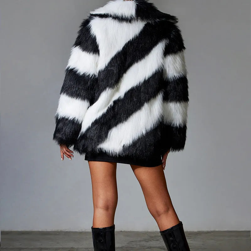 Faux fur coat with contrast colour lapel and removable fur collar in picture colour