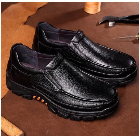 Men's black business casual leather slip-on shoes with rubber sole