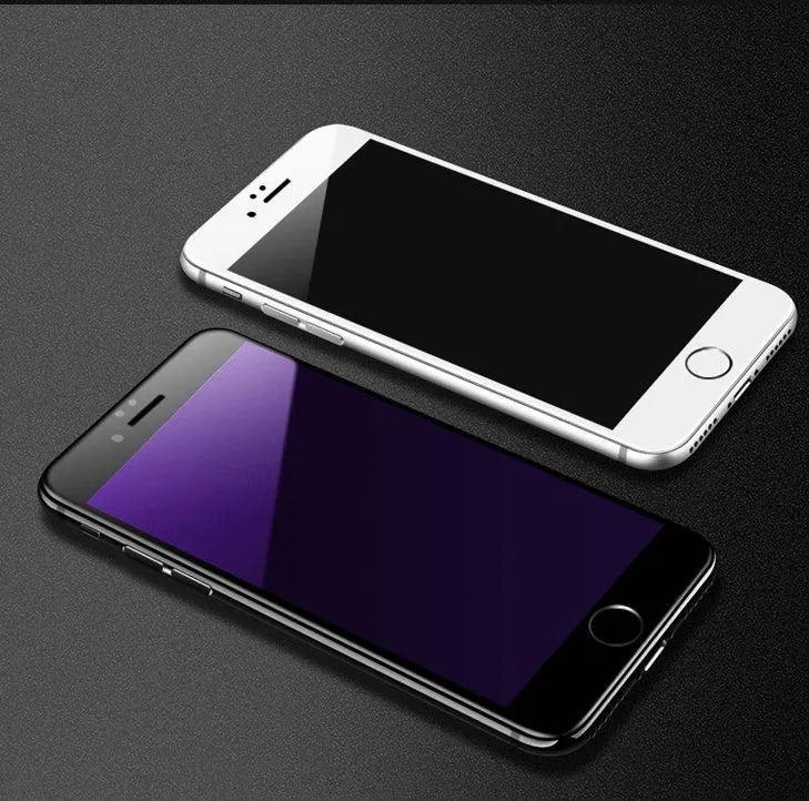 Tempered glass screen protector with carbon fibre edge for iPhone models on a dark surface