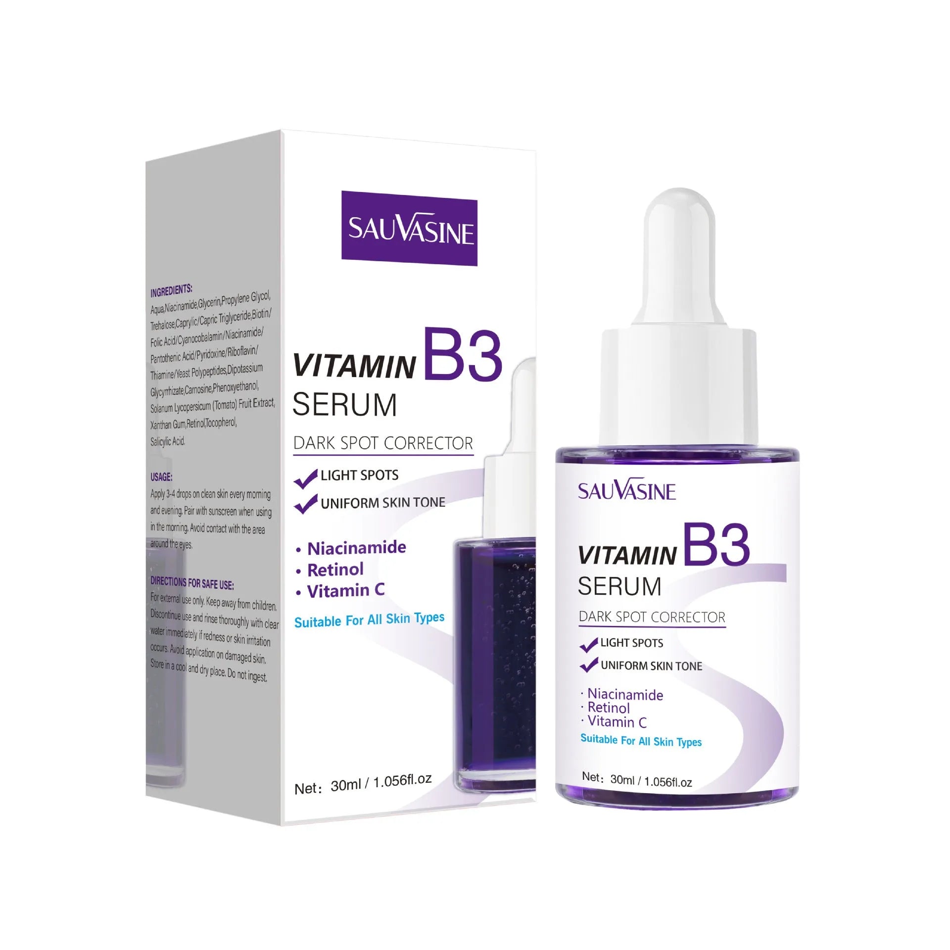 30ml glass bottle of Vitamin B3 nourishing and firming facial essence for universal skin types.