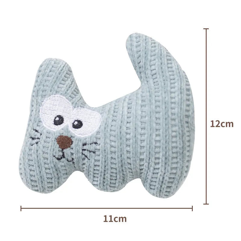 Cyan knitted plush cat toy with bell and organic catnip filling on a white background.