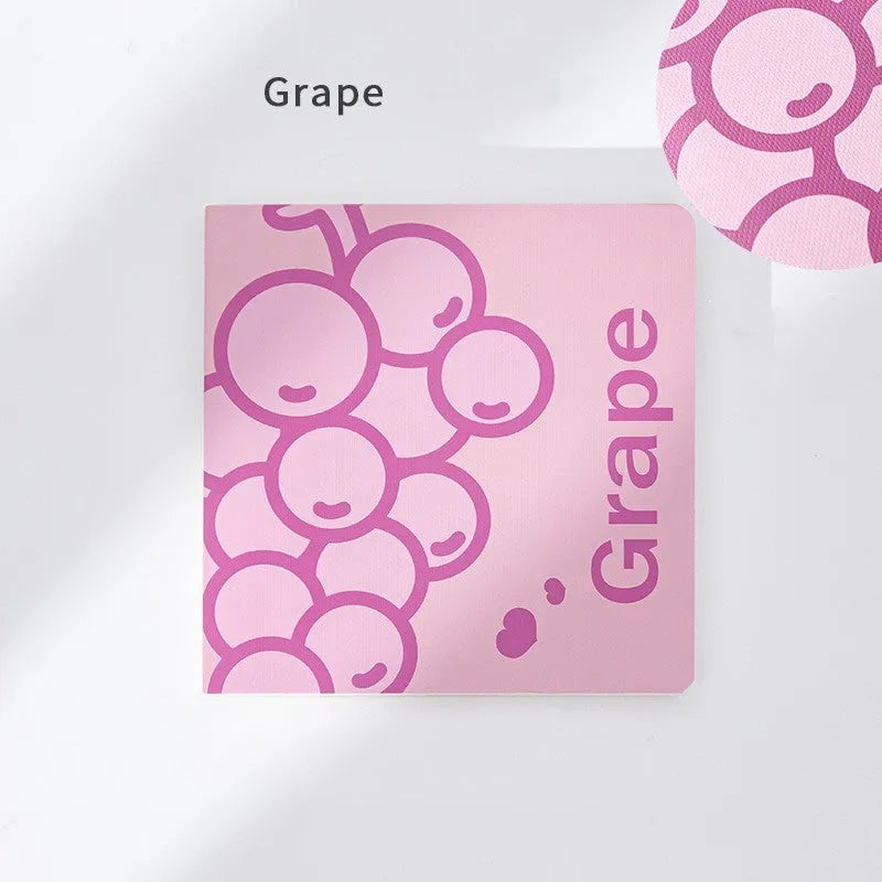 Square fruit design notebook showing embossed pineapple, blueberry, grape, and peach cover options.