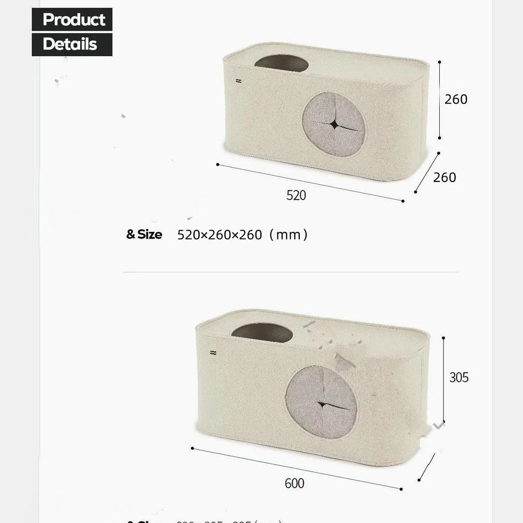 Khaki coloured foldable felt cat nest bed shown next to a grey one, demonstrating the two size options available.