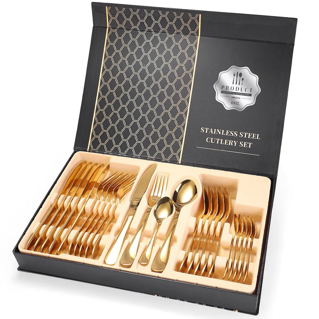 24 piece 18/10 stainless steel cutlery set with silver finish, includes knives, forks, and spoons for service of six