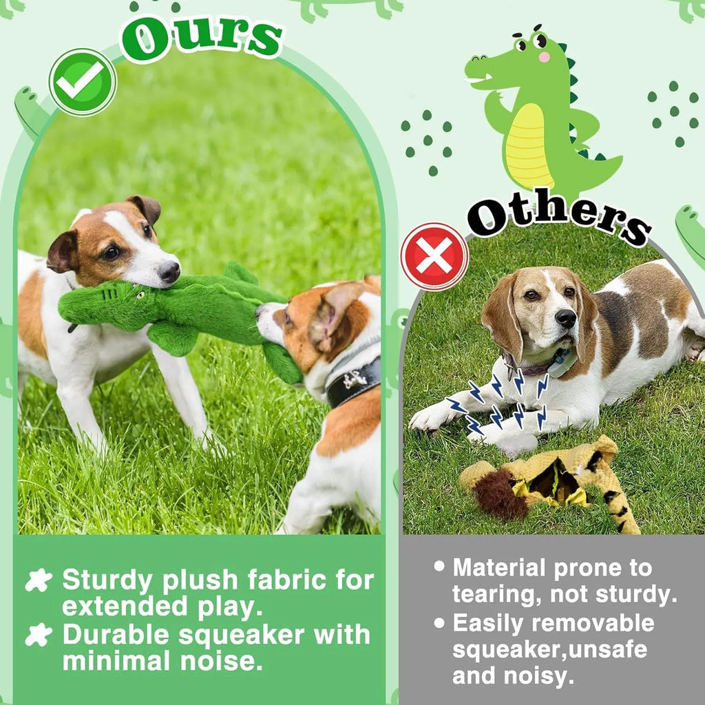 Green crocodile-shaped plush dog toy with no stuffing, for aggressive chewers