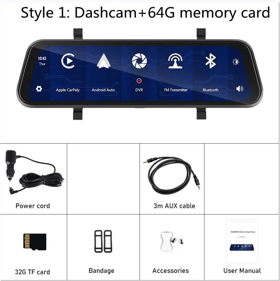 9.66-inch HD wired driving recorder mounted on car dashboard showing front view with night vision