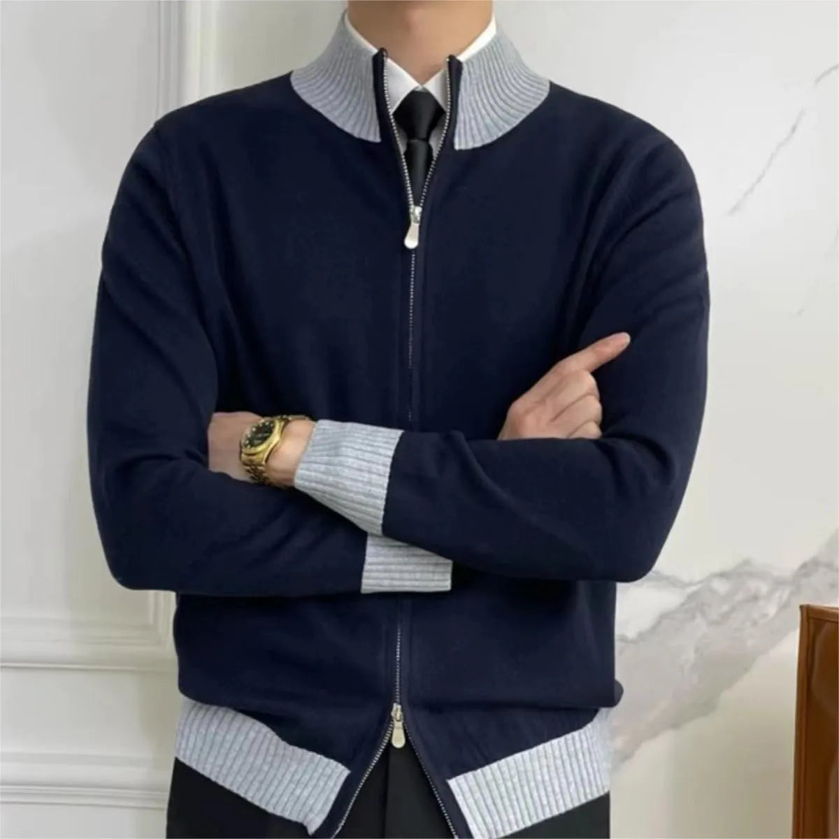 Men's loose-fit polyester knitwear coat in navy blue, long sleeves, size M to 3XL