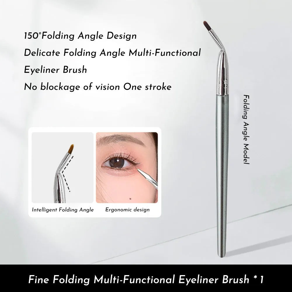 Close-up of a bent-head makeup brush with a fine, angled tip for eyeliner and detail work.