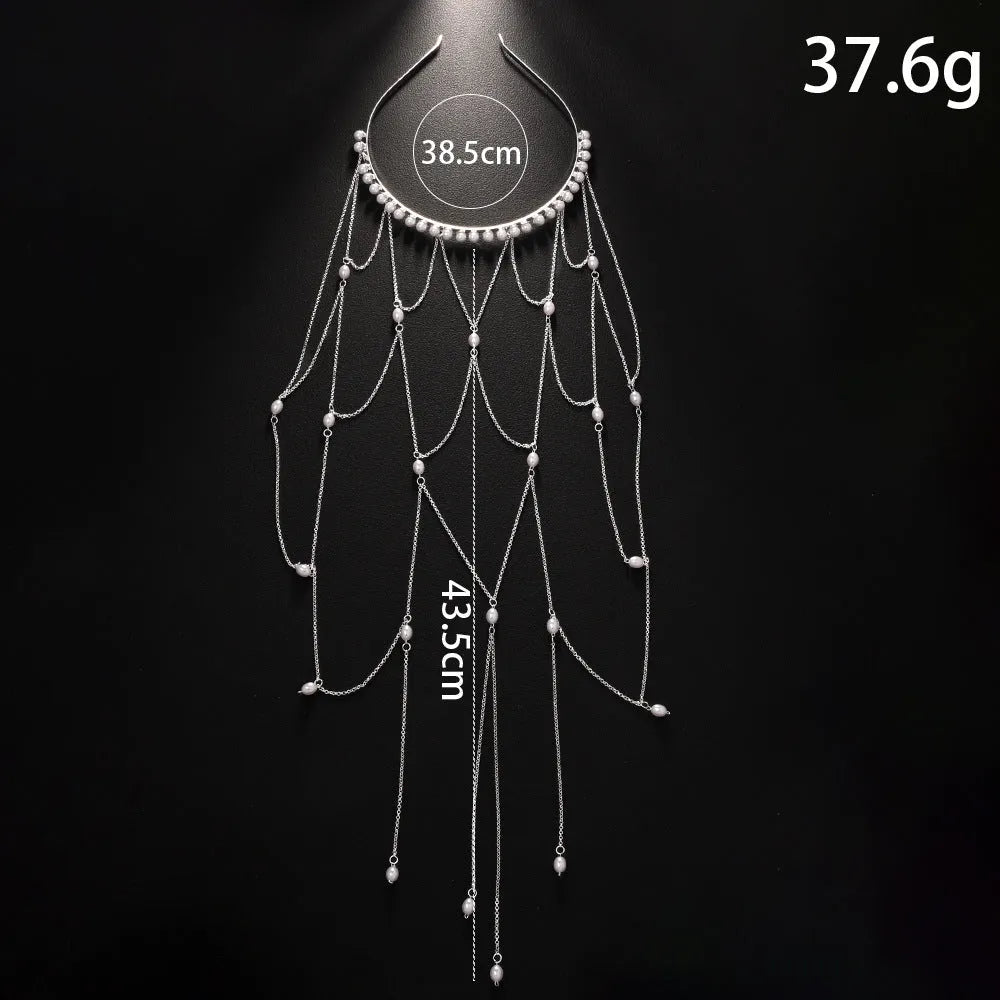 Women's mesh tassel hair chain with electroplated gold or silver finish and pearl decorative elements