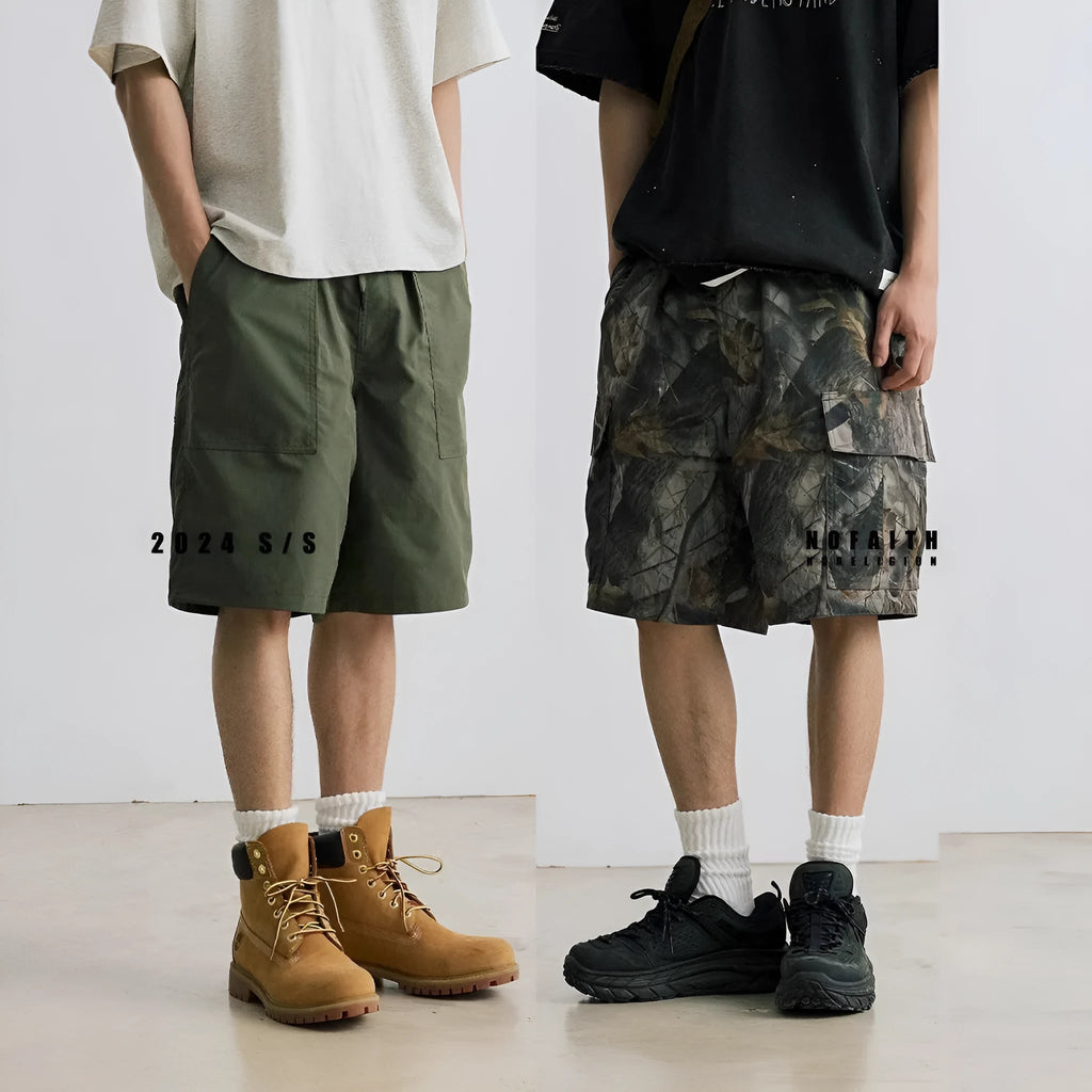 Straight-leg denim shorts in black and army green colours showing loose casual fit and mid waist design