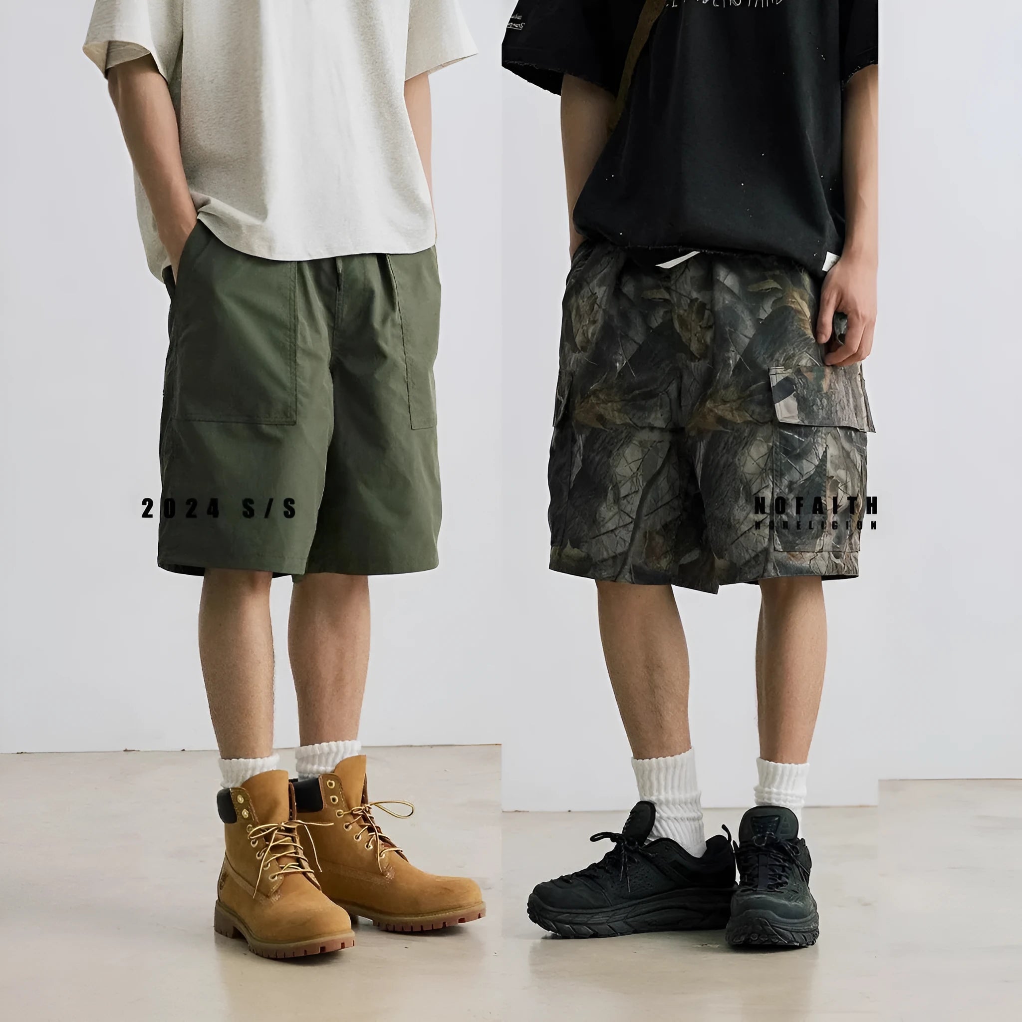 Straight-leg denim shorts in black and army green colours showing loose casual fit and mid waist design
