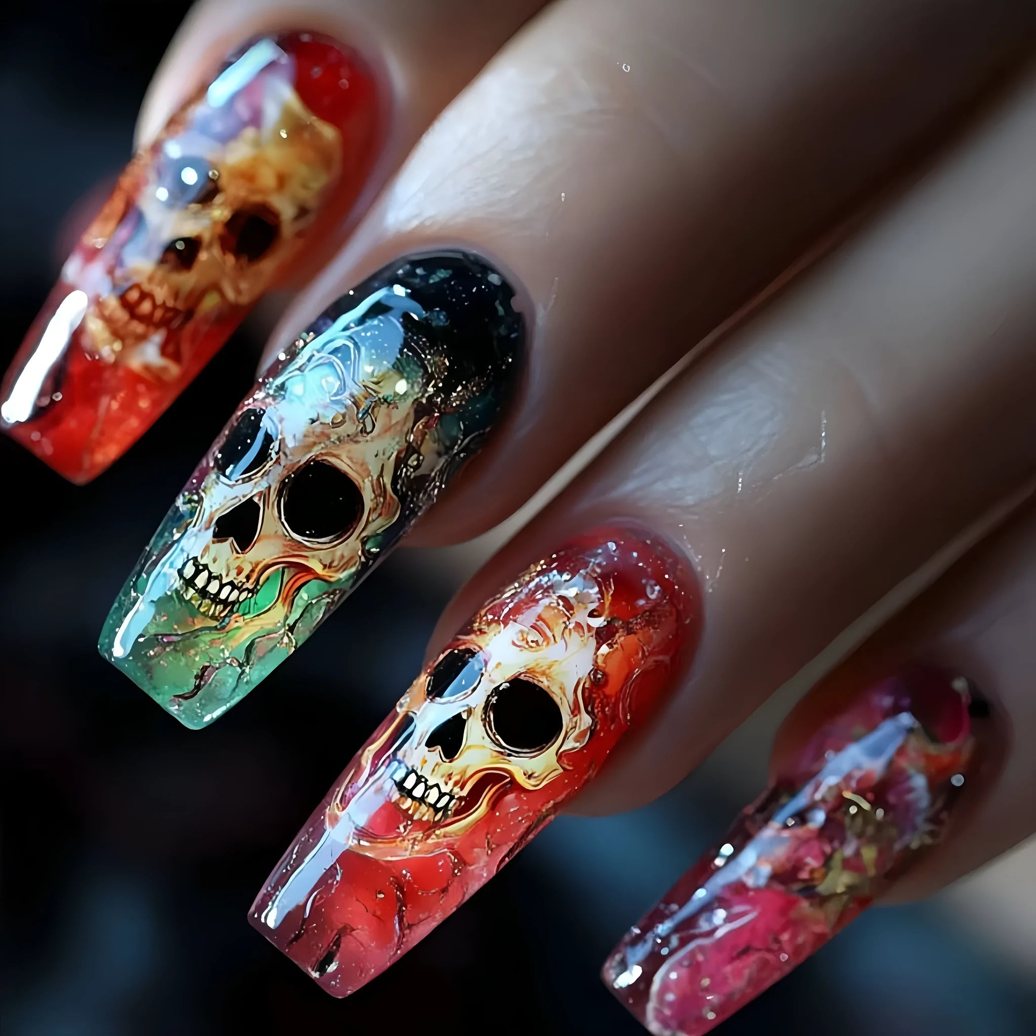Halloween multicolor gradient skull pattern nail stickers in ballet type shape with jelly glue and rolling strips