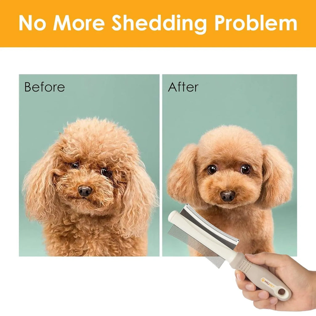 White 2-in-1 dog and cat deshedding brush and grooming comb with curved comb side and ergonomic handle.