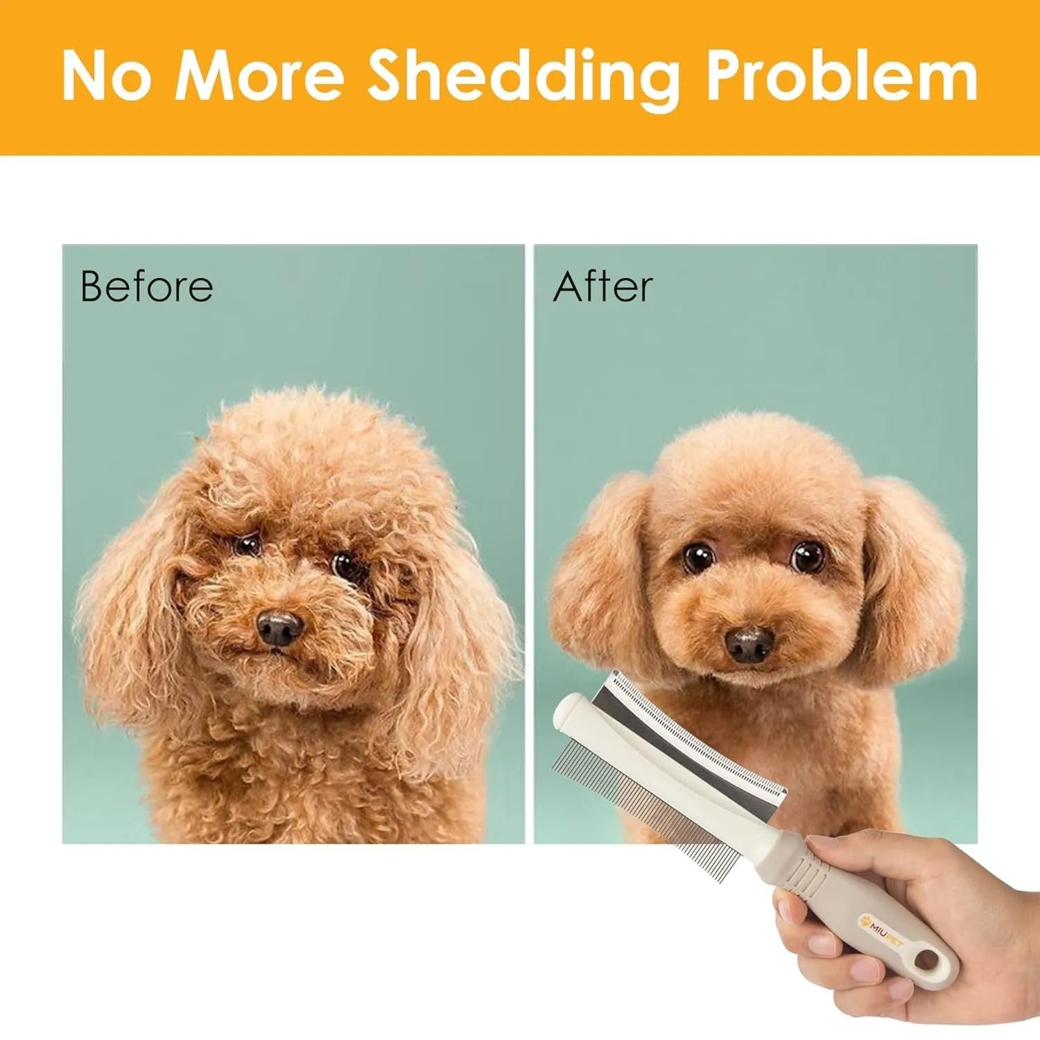 White 2-in-1 dog and cat deshedding brush and grooming comb with curved comb side and ergonomic handle.