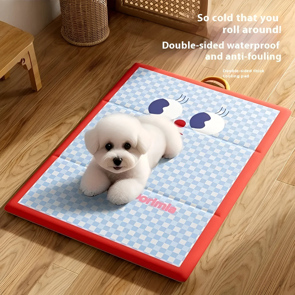 Blue plaid cool pad for dog or cat made from ice silk fabric with waterproof artificial leather base, size 72x50cm
