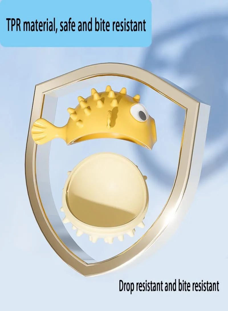 Green fish-shaped interactive dog toy with treat dispensing capability and raised surface particles