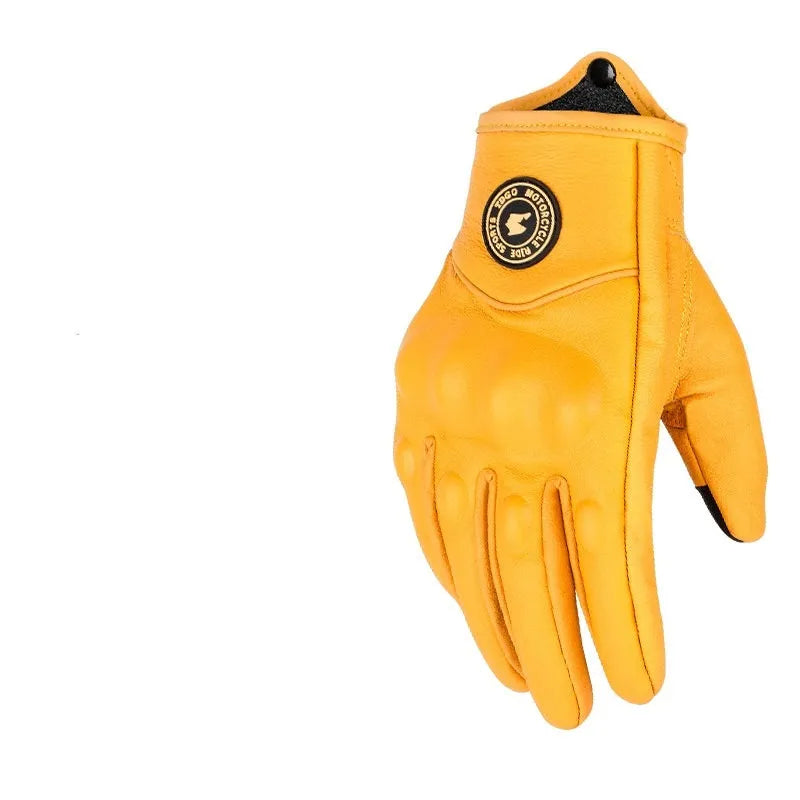 TDGO genuine leather retro biker gloves in yellow with half-finger and full-finger windproof styles