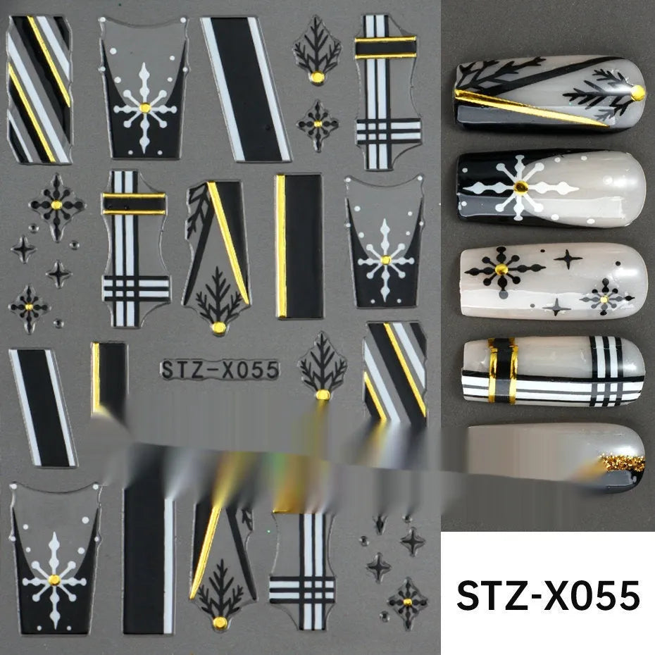 Sheet of black and silver strip nail art stickers with cartoon and love heart designs