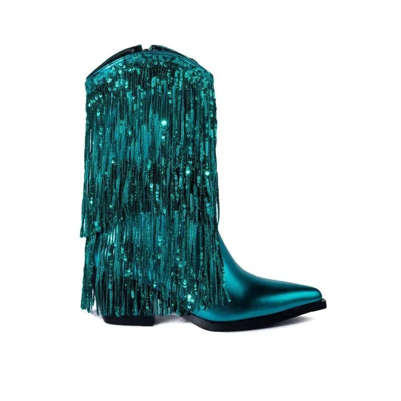 Women's black chunky heel tassel ankle boots with a pointed toe and stiletto heel on a white background.