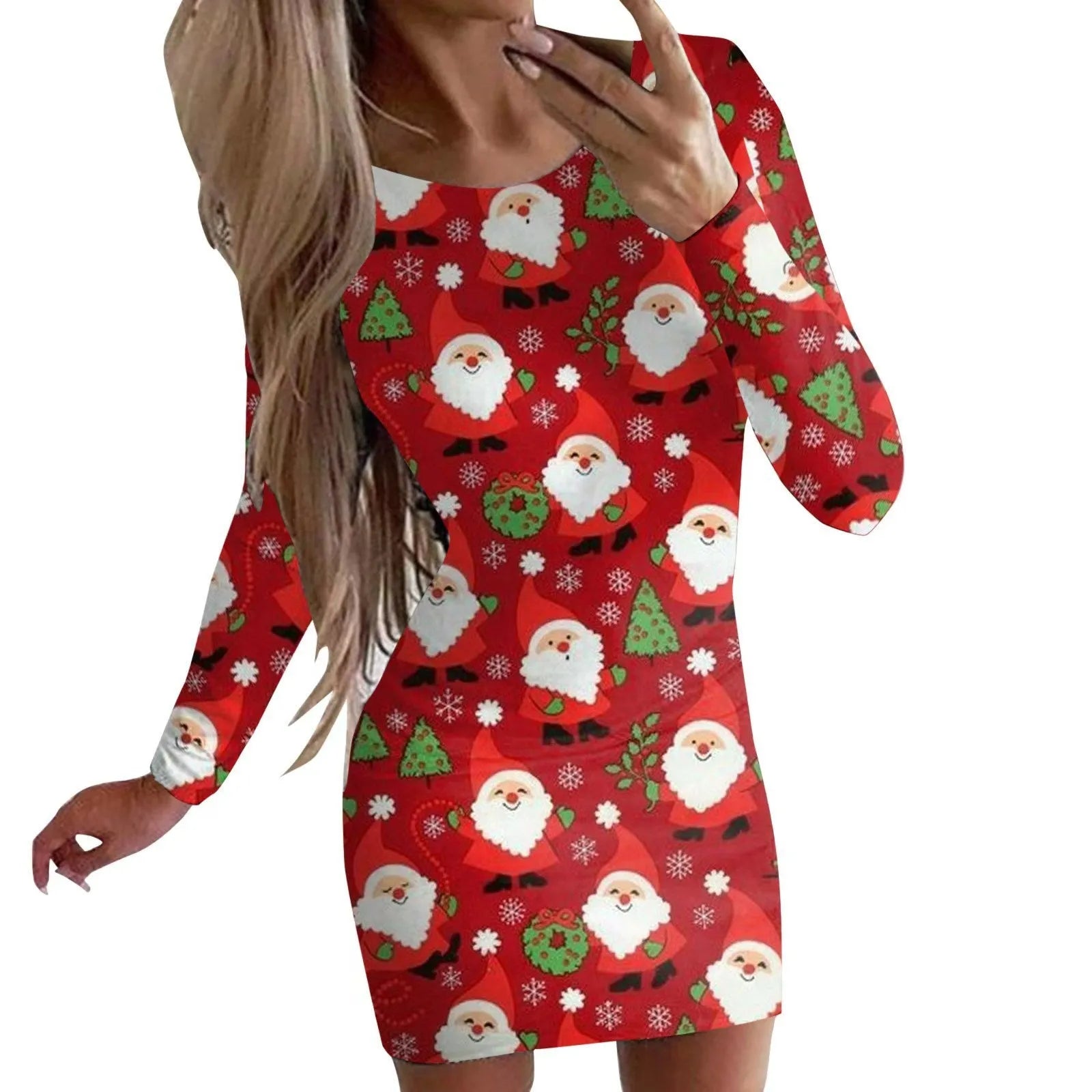 Animal pattern round neck dress with long sleeves and hip skirt styling in floral colour