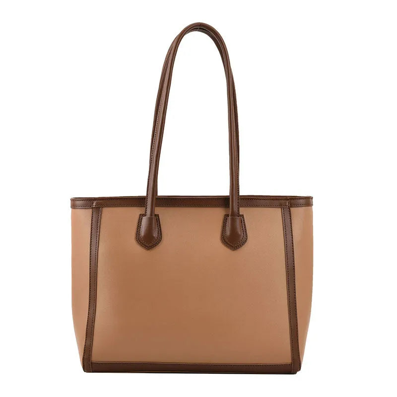 Horizontal square PU tote shoulder bag in khaki colour with smooth finish