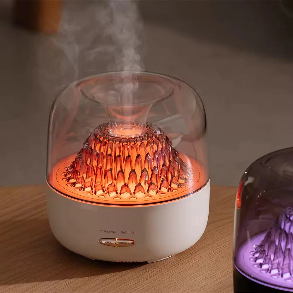 Round resin household aroma diffuser with colourful light on a desktop in beige colour