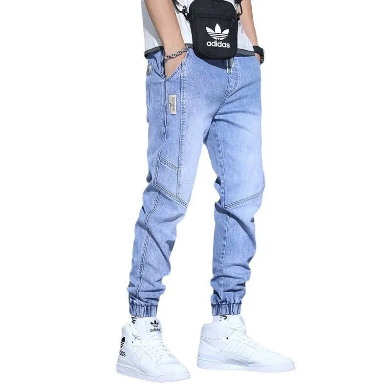 Men's slim fit high-waist ankle-tied harem jeans in denim cotton, available in black, blue, gray
