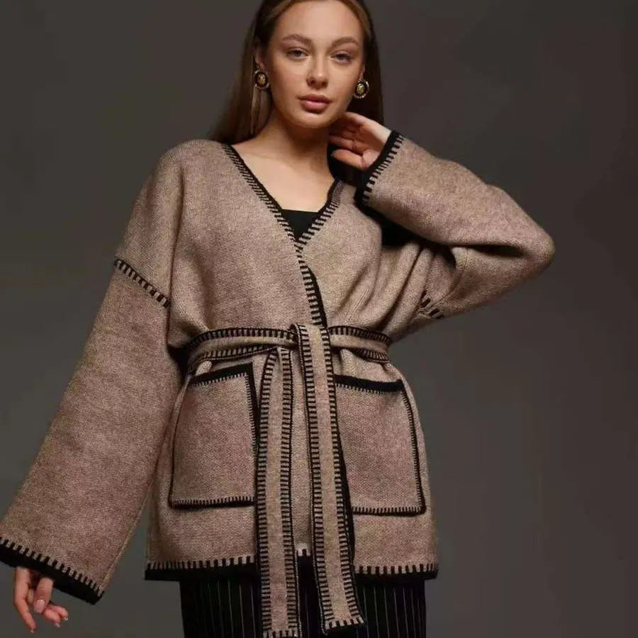 Loose mid-length lace-up knitted cardigan in black, white, or camel colour with thick imitation cashmere fabric