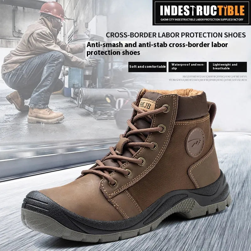 Leather anti-smash and puncture resistant safety work shoes in orange, grey, green, and yellow.