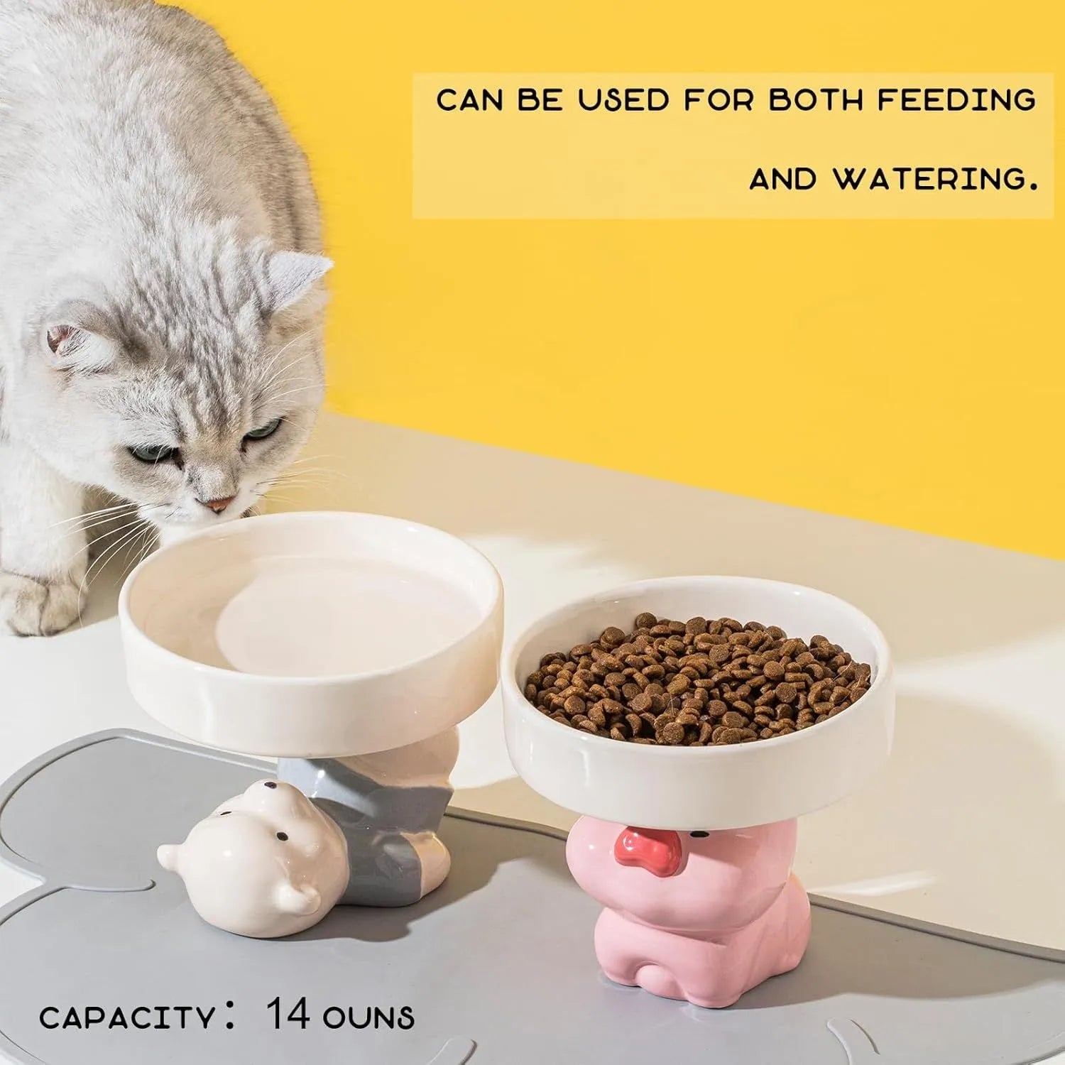 Raised ceramic cat bowl in animal design, showing elevated feeder stand and wide food bowl opening.