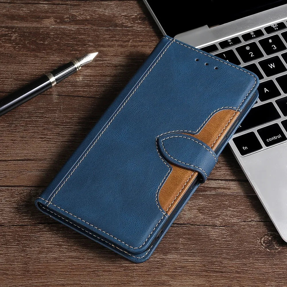 Flip phone case with card holder and bracket for iPhone in black, showing back panel with card slot and side bracket