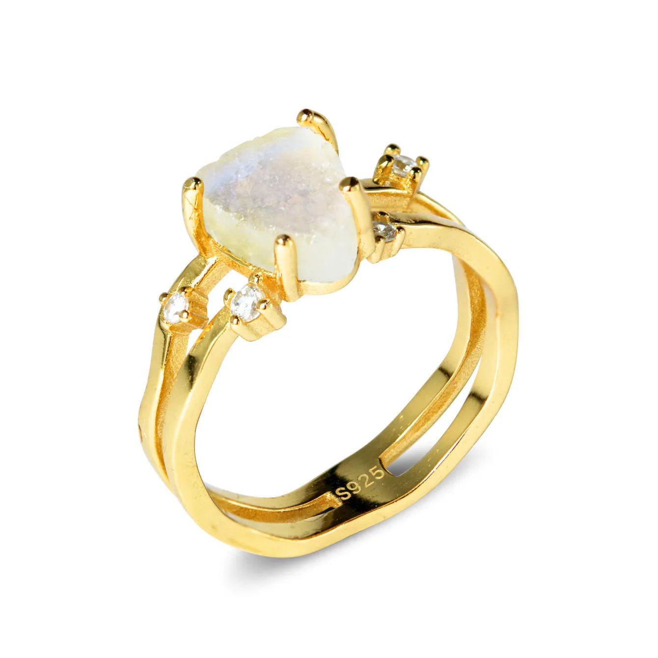 S925 silver geometric ring with irregular triangle shape and central moonstone on a model's hand.