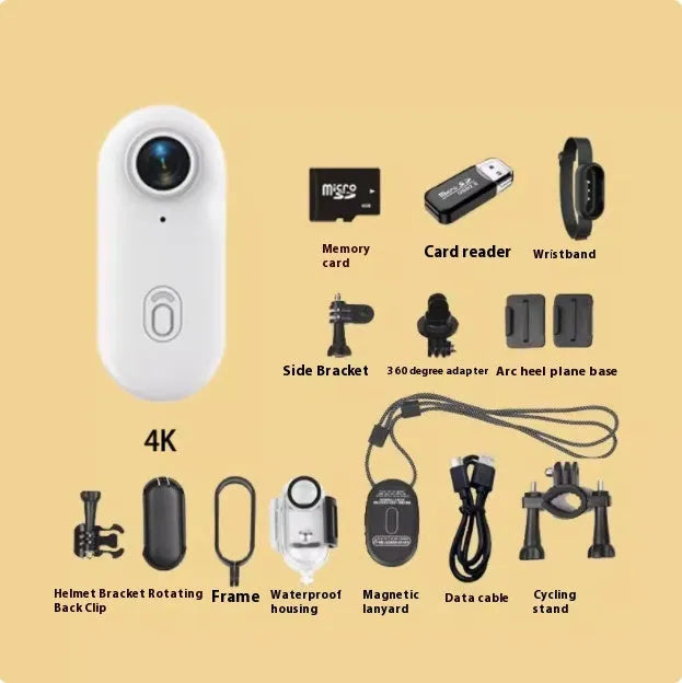 H88 thumb-sized 4K mini sports camera with magnetic mount and waterproof case on a black background