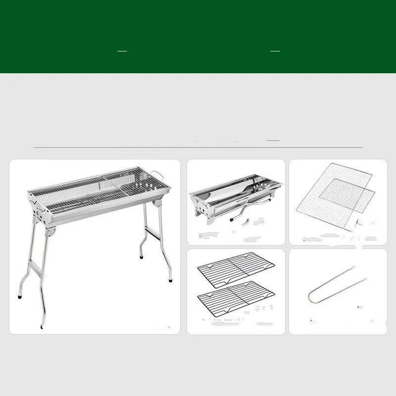 Stainless steel portable folding barbecue oven with grills, shown outdoors.