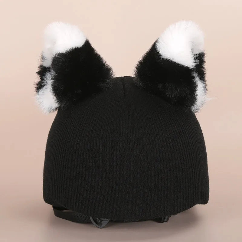 A plush fabric cartoon helmet cover set for adults, showing character designs like a bear and dinosaur for cosplay.