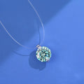 Women's silver moissanite pendant necklace on invisible fishing line with plum blossom design