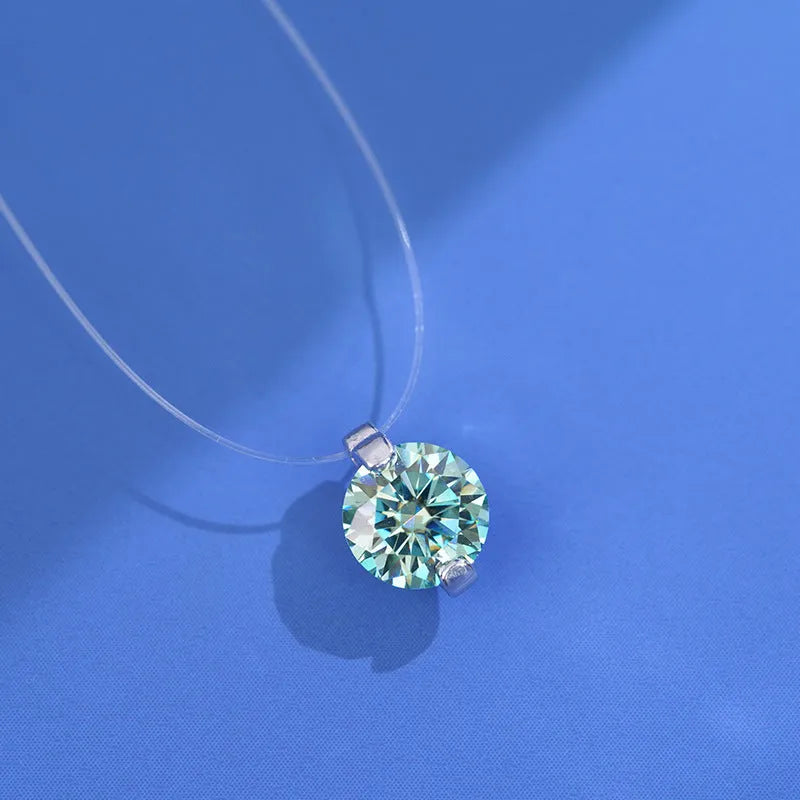 Women's silver moissanite pendant necklace on invisible fishing line with plum blossom design