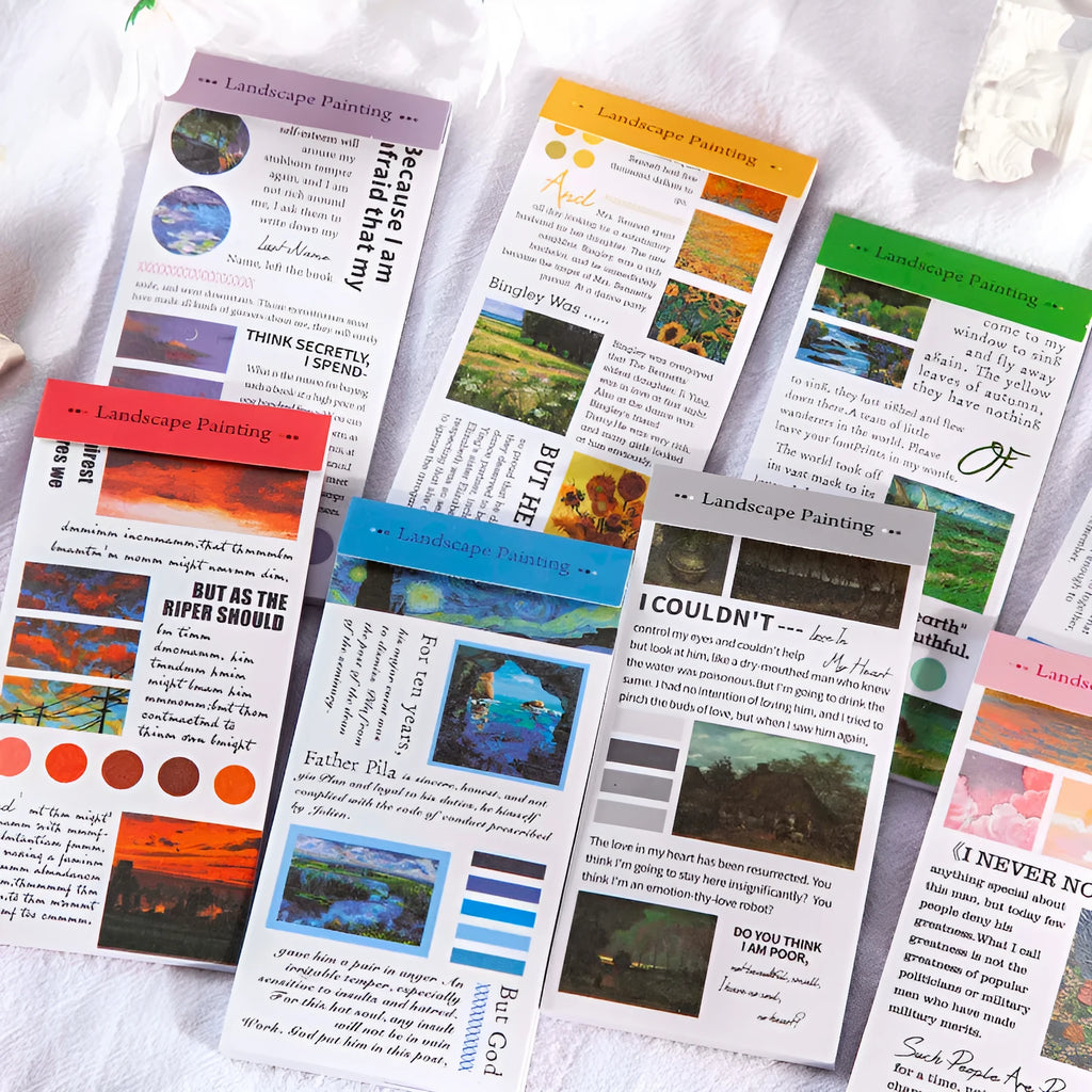 Paper landscape painting sticker book showing rectangular 60x120mm stickers with famous artwork designs