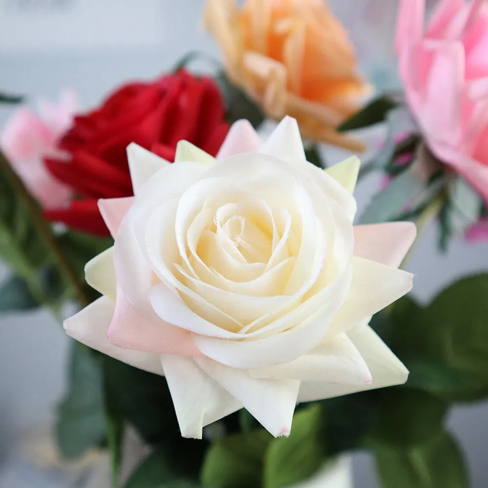 Artificial silk touch rose flower with red petals on a green plastic stem, showing approximate 42cm length.