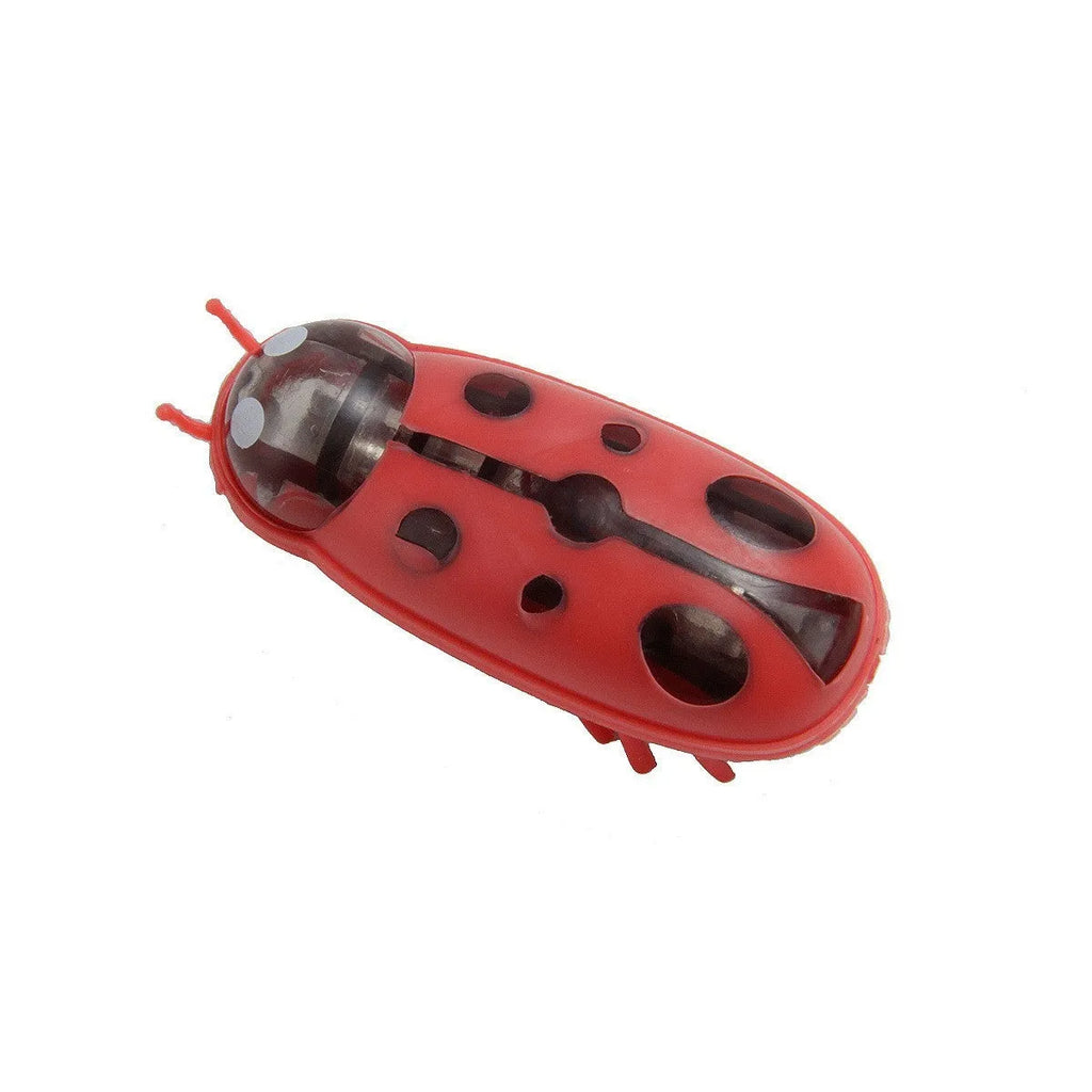 Miniature jumping insect cat teaser toy in plastic showing ladybug and iron cow style colour options