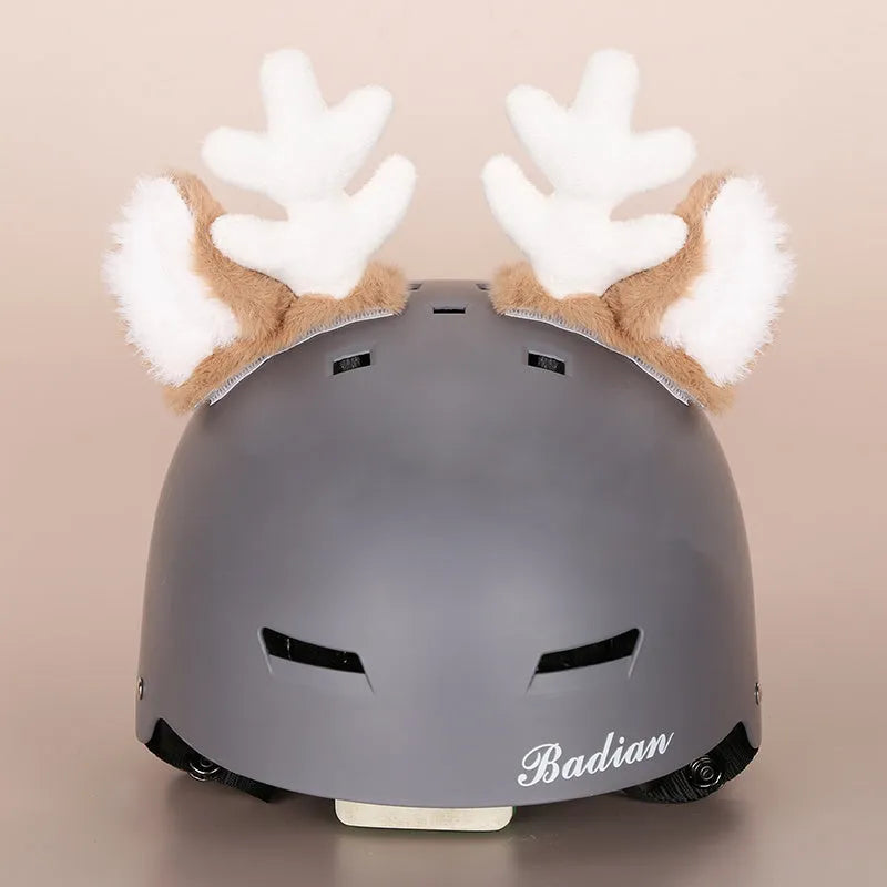 A plush fabric cartoon helmet cover set for adults, showing character designs like a bear and dinosaur for cosplay.