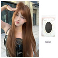 Warm brown long straight synthetic wig with a full fringe, shown on a model.