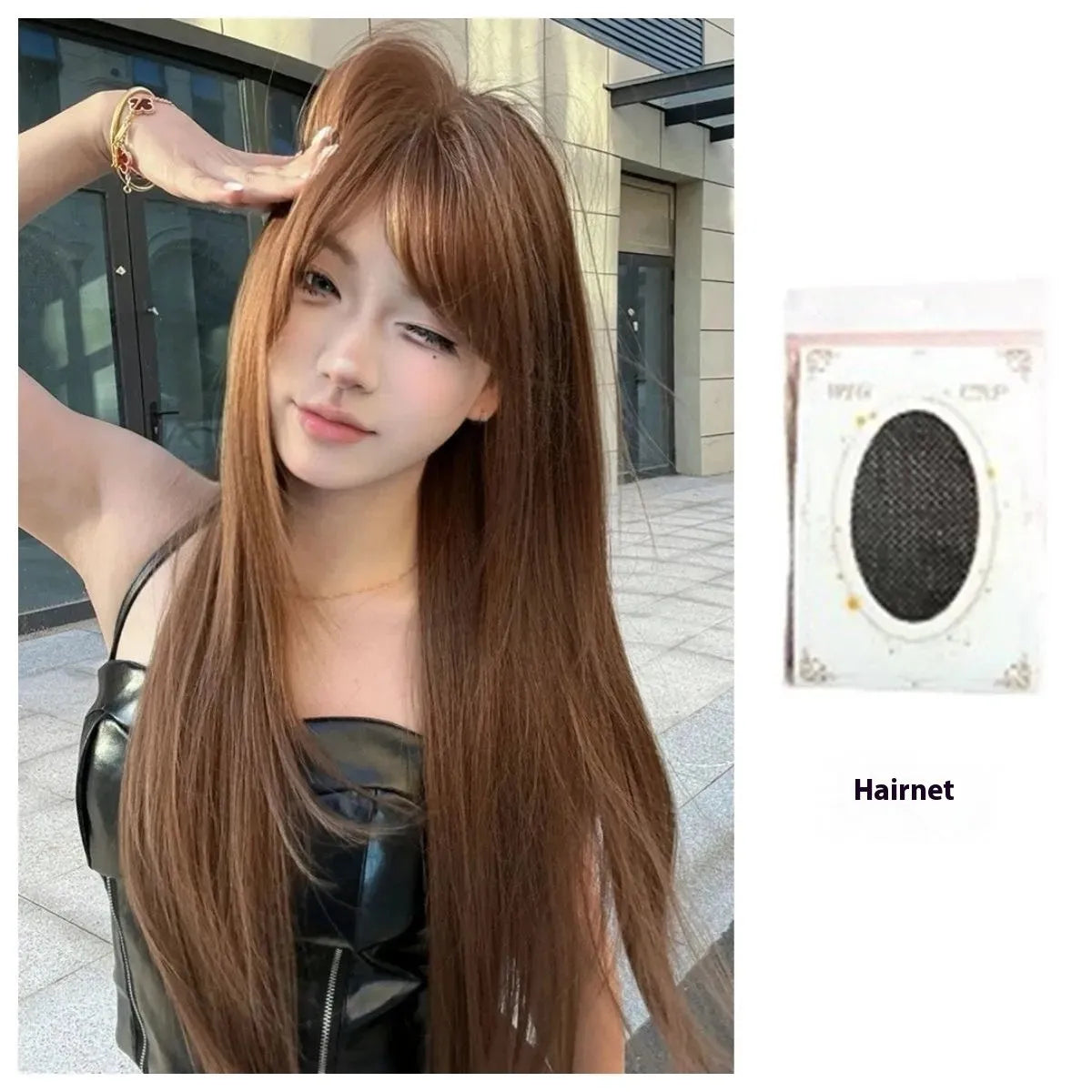 Warm brown long straight synthetic wig with a full fringe, shown on a model.