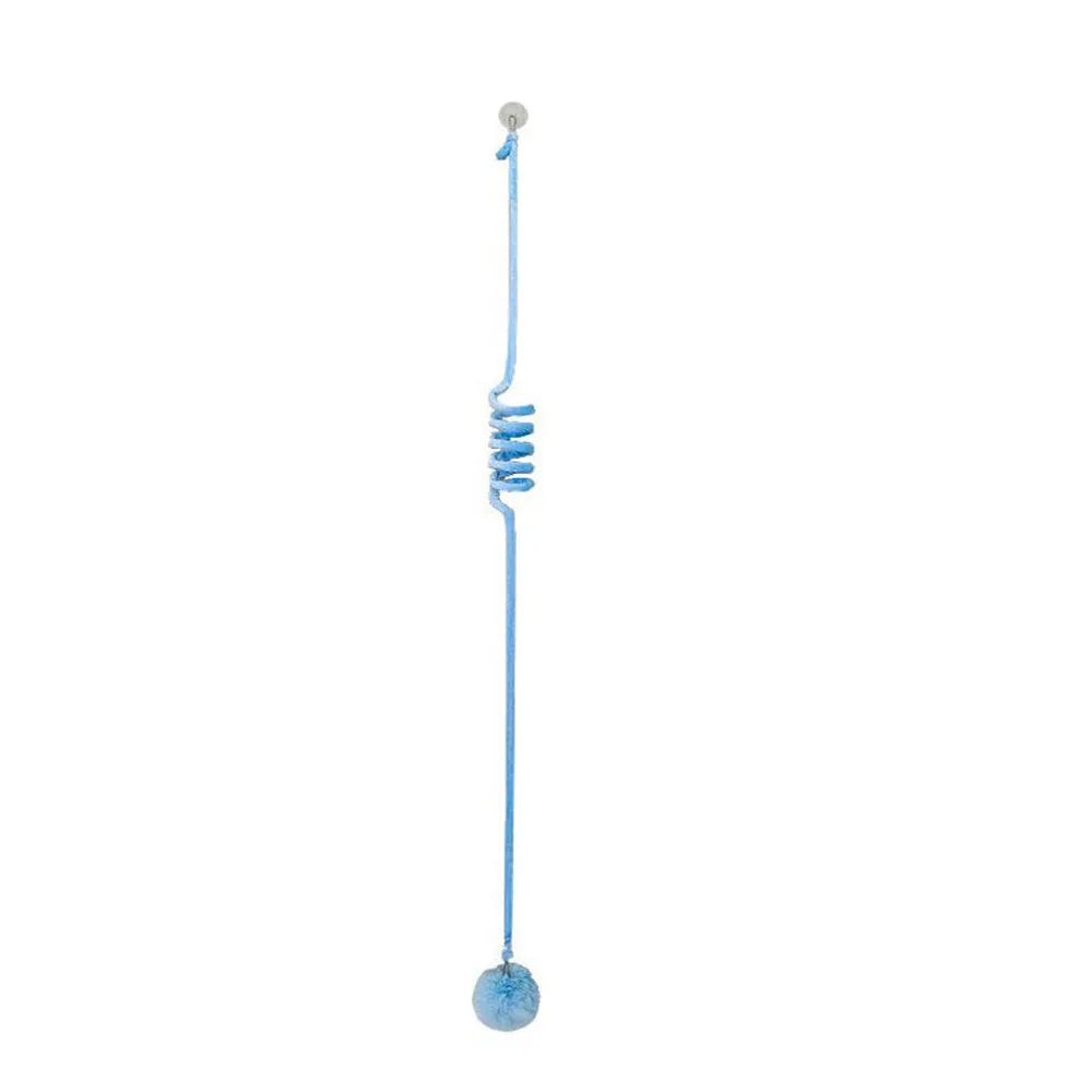 Colourful spring cat toy with hanging bell stick and inflatable ball, shown with a white suction cup.