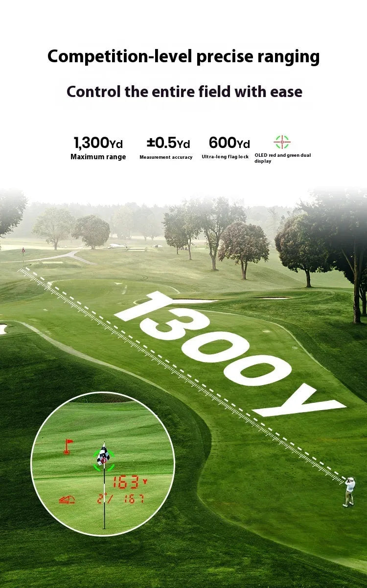 Black GenePro G1 golf GPS laser rangefinder with AMOLED touch screen shown in hand.