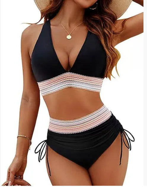 Women's high-waisted bikini set with colour-blocking drawstring briefs and sleeveless top.