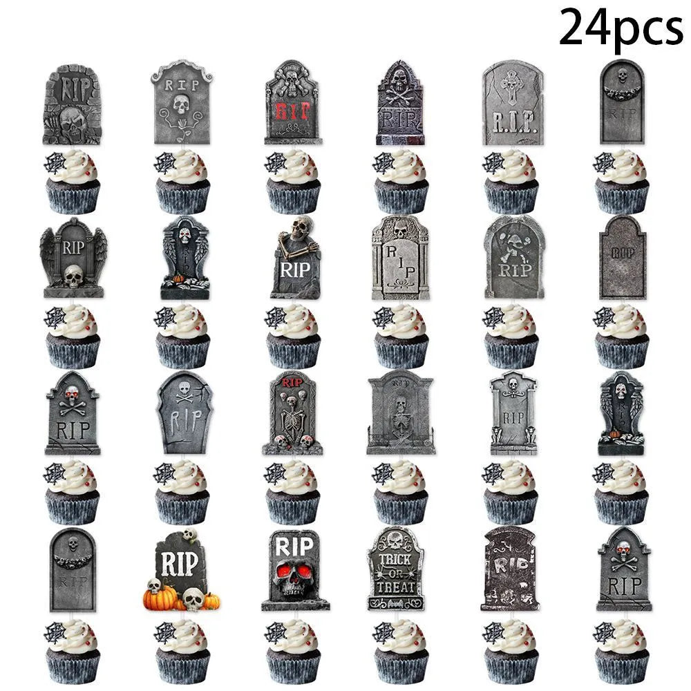 12 paper Halloween tombstone cake decoration flags featuring horror designs in two styles