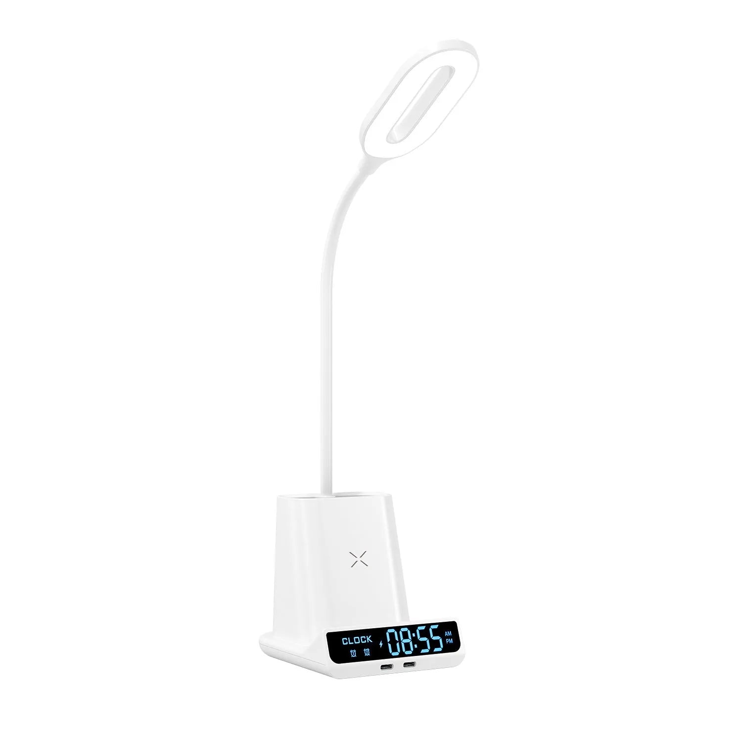 Modern desk lamp with wireless charging pad, pen holder compartments, and storage box