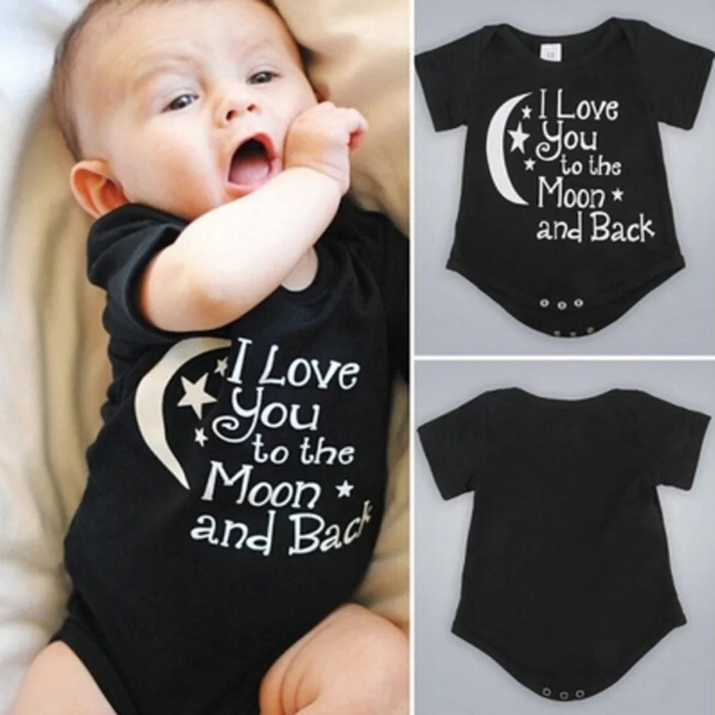 Black polyester baby romper with moon and star letter print, short sleeves, triangle climbing style, front view